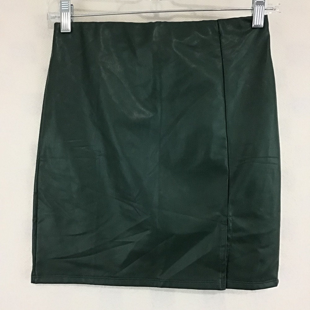 Iris Womens Forest Green Faux Leather Mini‎ Skirt Side Slit Size S